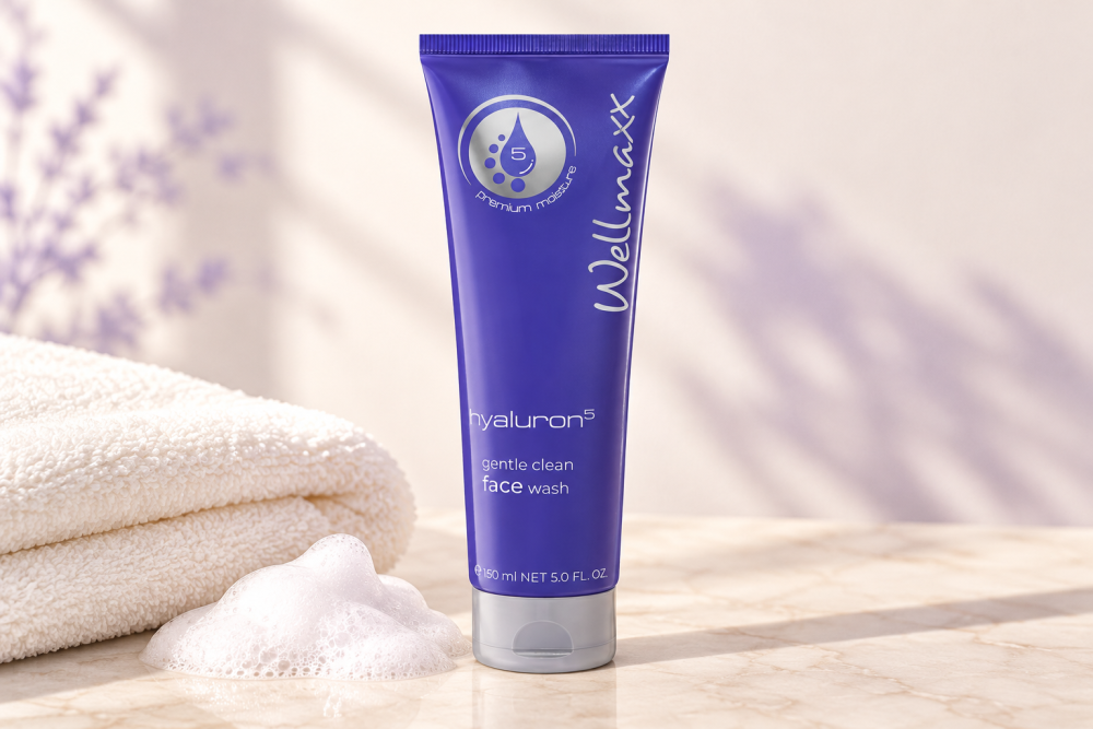 Wellmaxx Hyaluron5 Gentle Clean Face Wash 150 ml – čisticí emulze na slonovinovém pozadí