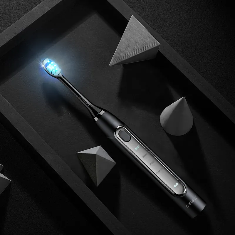 IVISMILE Elektrický sonický zubní kartáček s modrým LED světlem (1x tělo, 2x nástavec kartáčku, 1x nabíječka) - Barva: Černá
