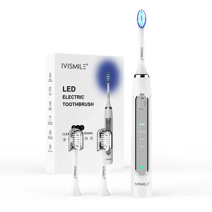 IVISMILE Elektrická sonická zubná kefka s modrým LED svetlom (1x telo, 2x nástavec kefky, 1x nabíjačka) - Barva: Bílá