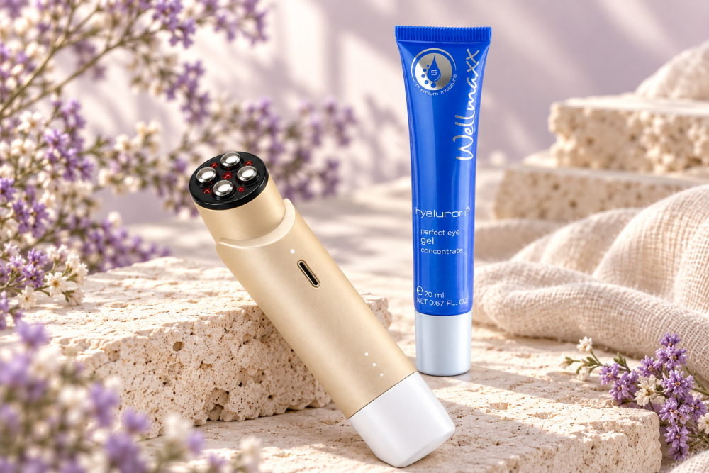 BeautyBiowave LIFTeye a Wellmaxx Hyaluron⁵ Perfect Eye Gel v jemném přirozeném světle