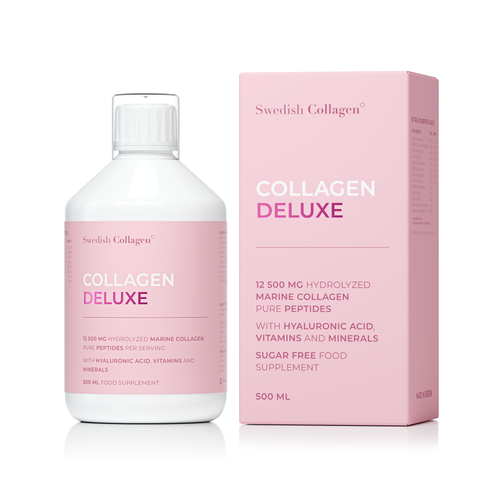 Swedish Collagen DELUXE 500 ml – fľaša, ružové balenie a odmerka