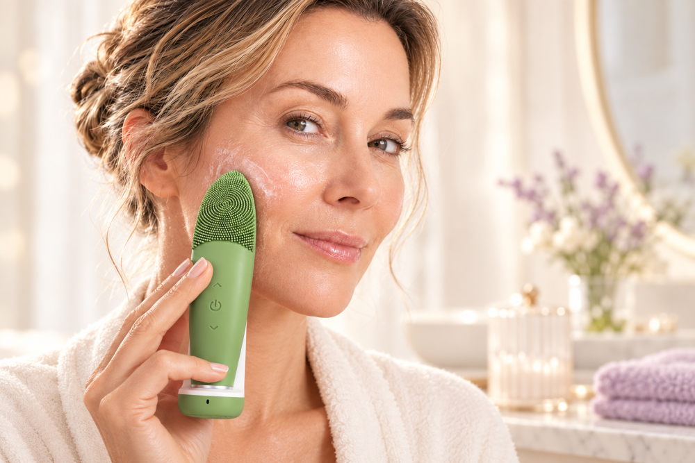 Žena používá zelený sonický kartáček BeautyBiowave SON-TERM při čištění obličeje