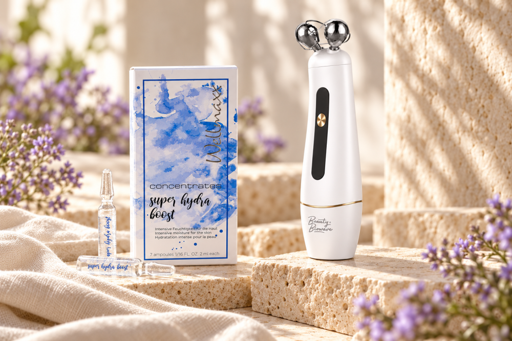 BeautyBiowave EXCLUSIVE roller s ampulemi Wellmaxx Super Hydra Boost ve slonovinovém zátiší