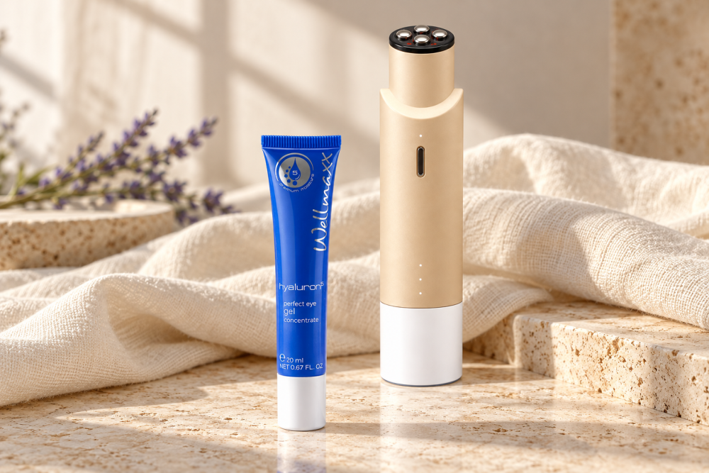 Modrý oční gel Wellmaxx Hyaluron5 Perfect Eye Gel se zlatým přístrojem BeautyBiowave LIFTeye