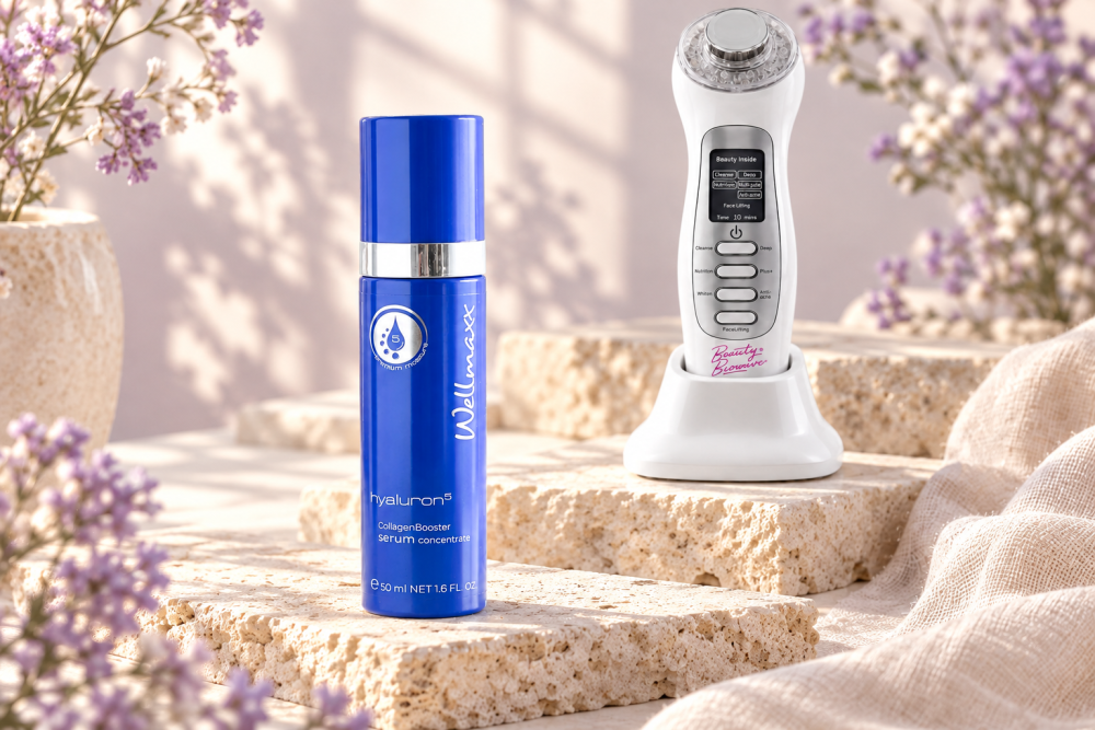 Wellmaxx Hyaluron⁵ CollagenBooster sérum a BeautyBiowave Profi 7v1 na slonovinovém kameni