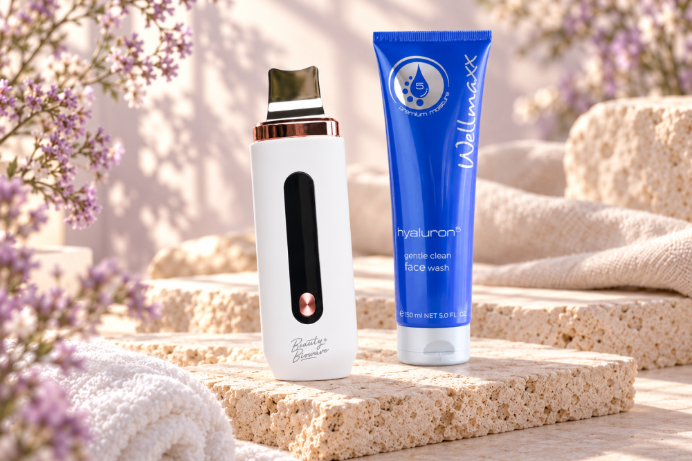 BeautyBiowave ultrazvuková špachtle a Wellmaxx Hyaluron⁵ Gentle Clean Face Wash