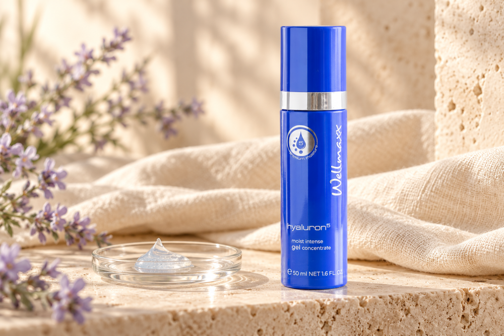 Wellmaxx Hyaluron5 Moist Intense Gel v elegantním zátiší na travertinu