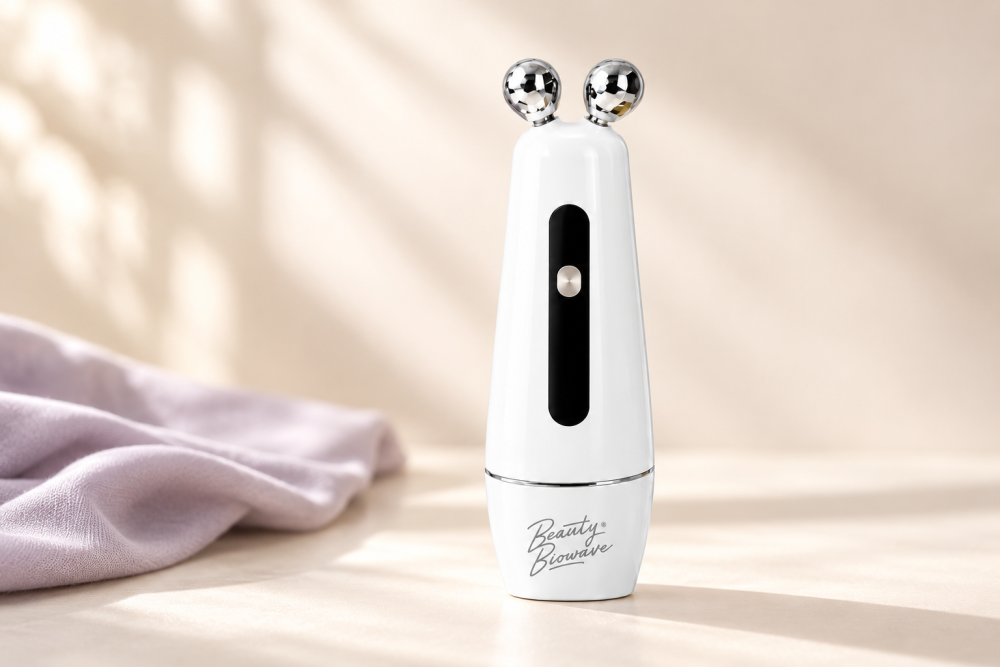 BeautyBiowave EXCLUSIVE zobrazený ze strany rollerové hlavice pro EMS mikroproudový režim