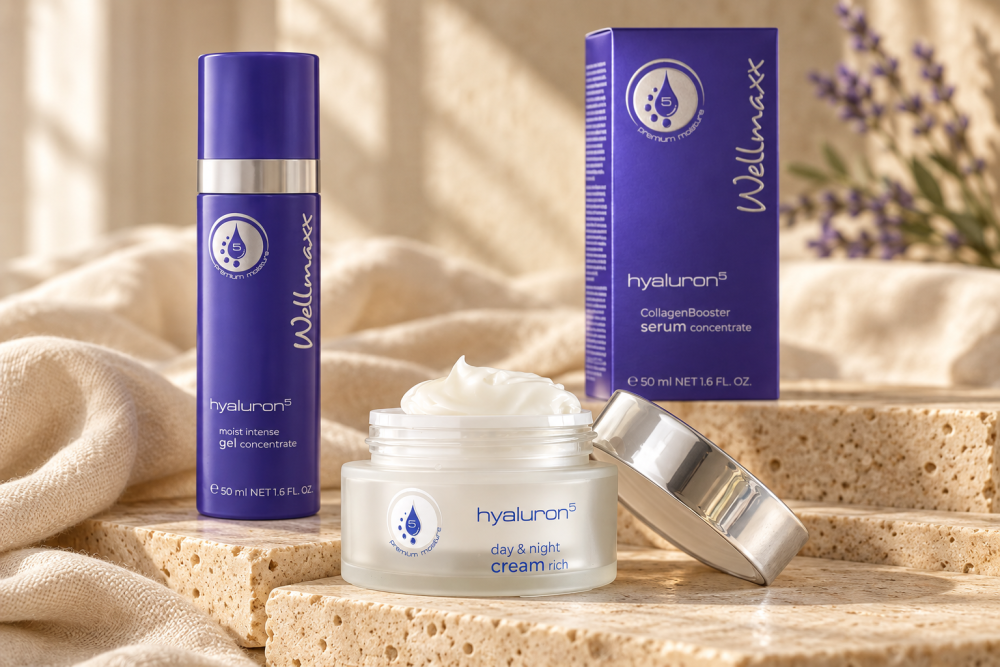 Wellmaxx Hyaluron5 Moist Intense gel, CollagenBooster sérum a otevřený Rich krém na travertinu