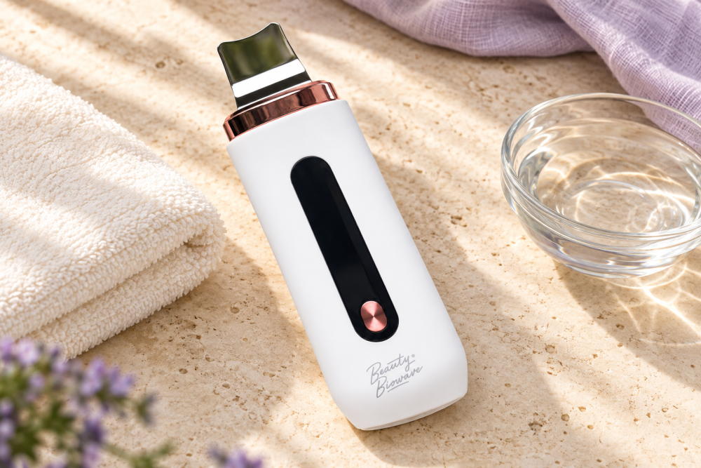 Ultrazvuková špachtle BeautyBiowave EXCLUSIVE 5v1 na slonovinovém pozadí