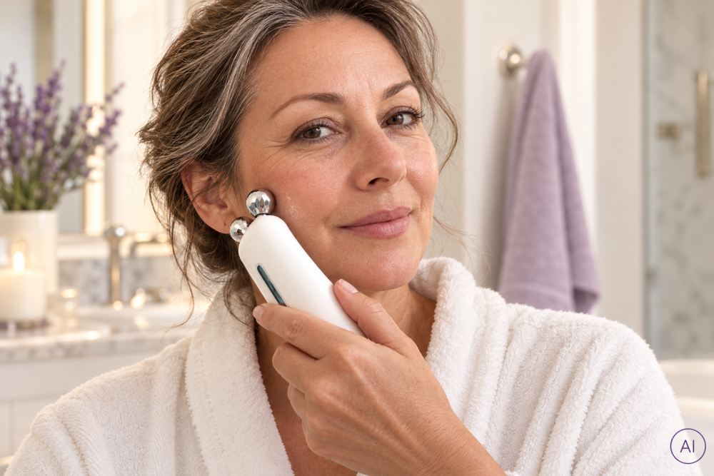 Zrelá žena používa dvojguľôčkový roller BeautyBiowave EXCLUSIVE na masáž kontúr tváre